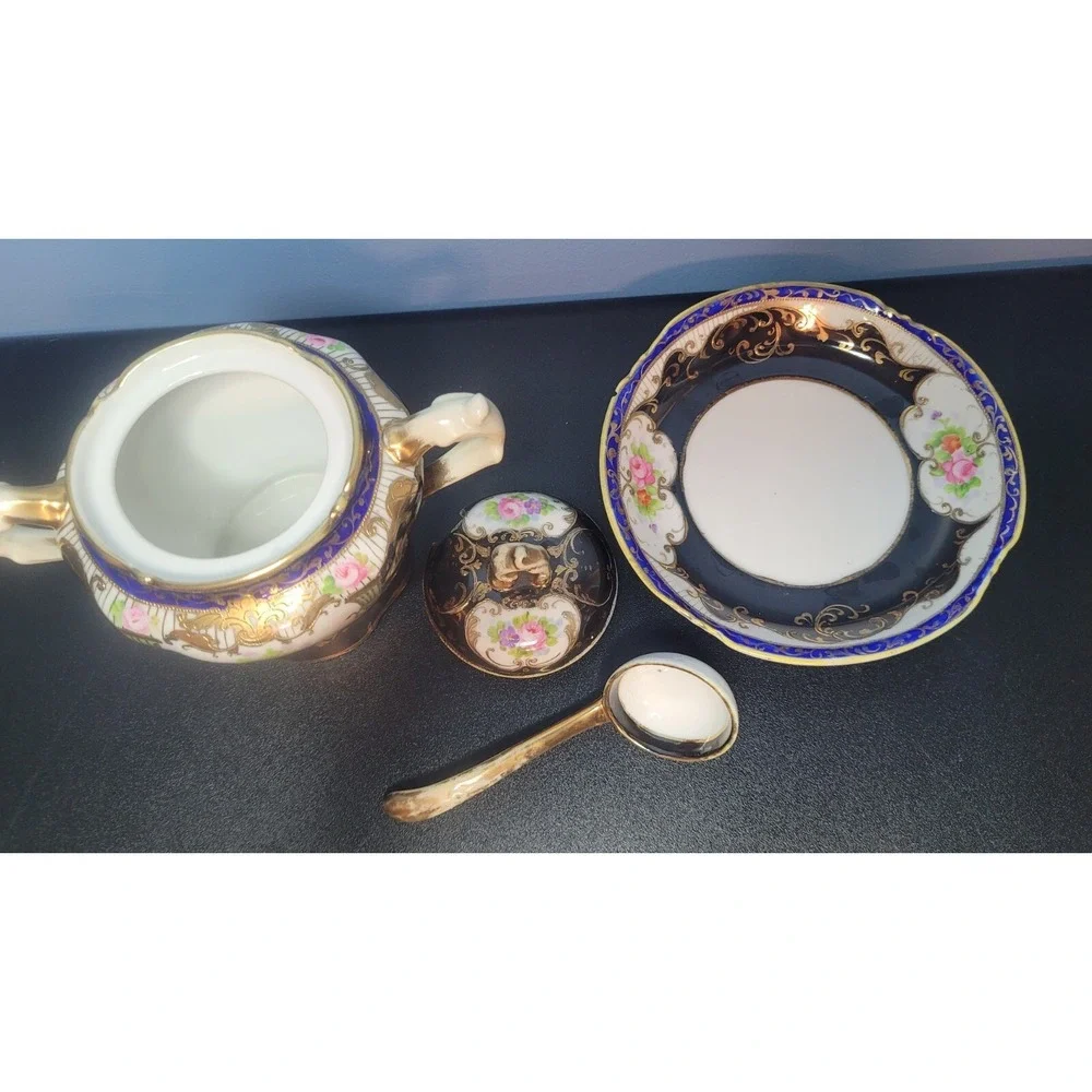 Antique Nippon Condiment Bowl Attached Underplate Hand Painted & Gilded No Spoon